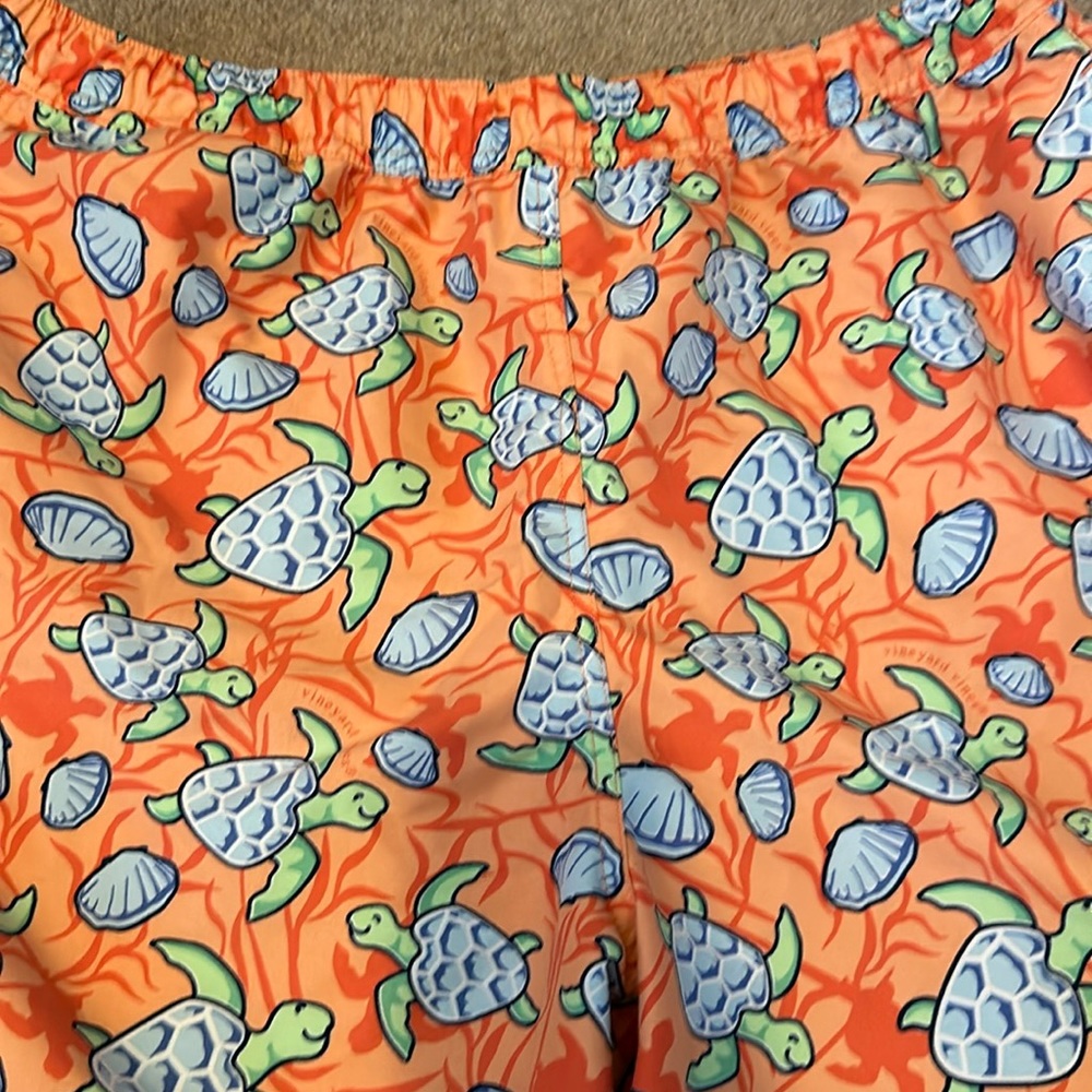 Vineyard Vines Orange Swim Trunks with Green & Blue Sea Turtle Print